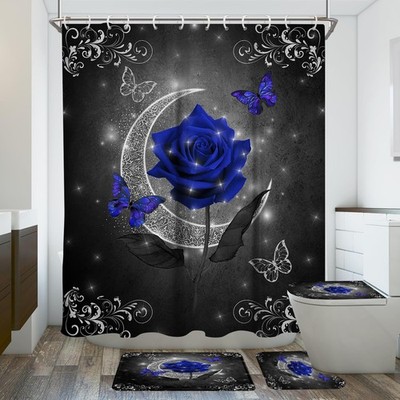Navy Blue Shower Curtain Bathroom Sets Royal Black Grey Gray Elegant Floral F...
