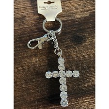 Silver Rhinestone Cross Keychain Bling Bag Charm New