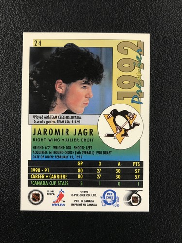 1991-92 O-Pee-Chee Premier #24 Jaromir Jagr Pittsburgh Penguins - Picture 2 of 2