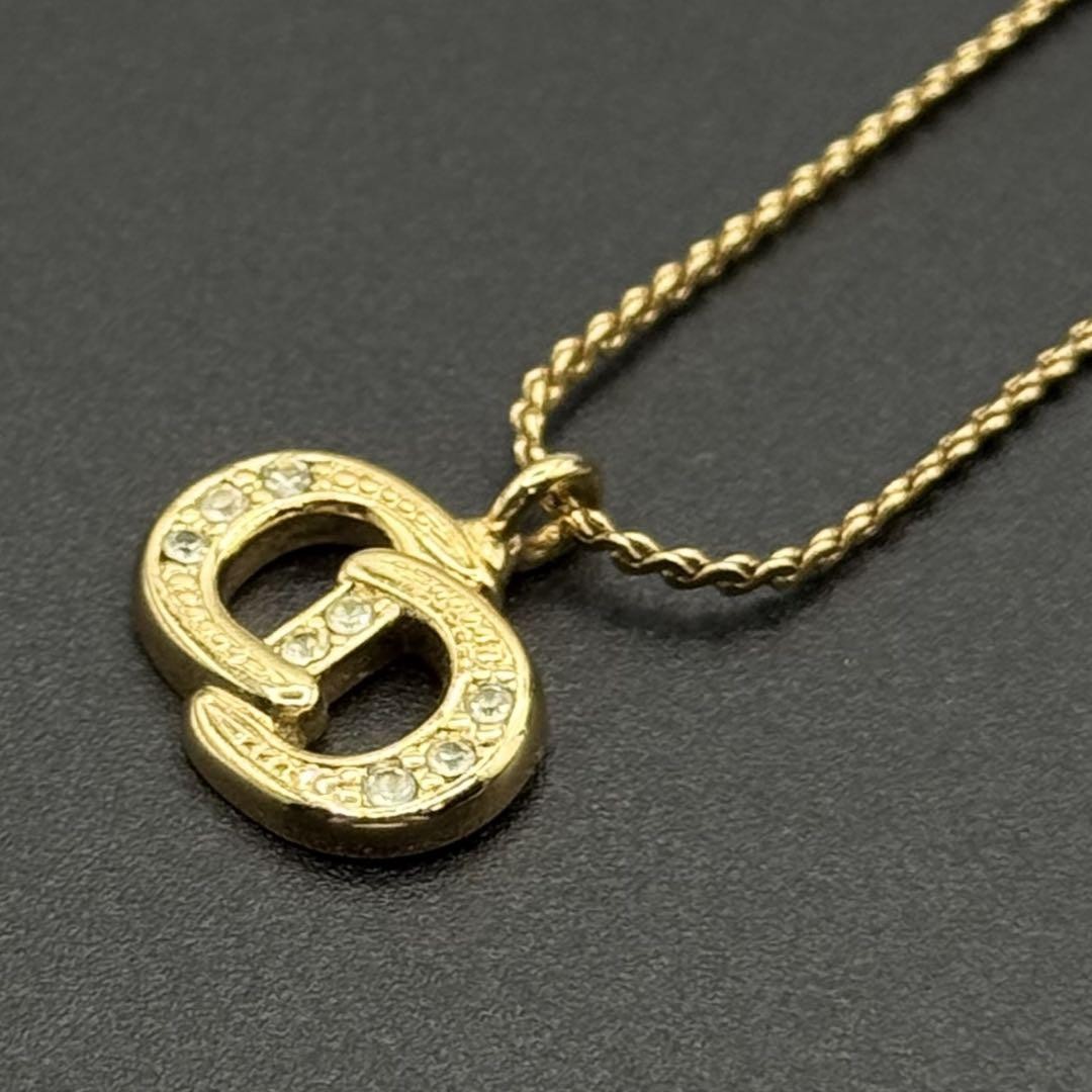 Dior CD Logo Rhinestone Gold Necklace Authentic Pre-Owned Japan  