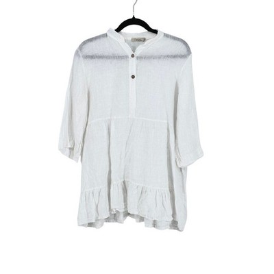 Womens White 100% Linen Tiered Sheer Top Tunic Italy Medium Coastal Euro Summer
