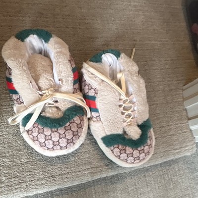 Gucci Men's Faux Fur Slip-On Slippers Logo Pattern Lace-Up Beige Green Red