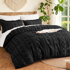 Boho Duvet Cover Queen Size - Black Tufted Boho Bed Set 3 Pieces Machine Washa