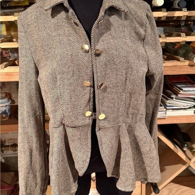 SHEIN Brown Herringbone Peplum Blazer Jacket Gold Buttons Size L US 8/10