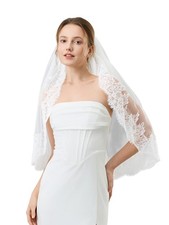 1 Tier Lace Wedding Veil Metal Comb for Brides Ivory  White Ivory-30 Inch