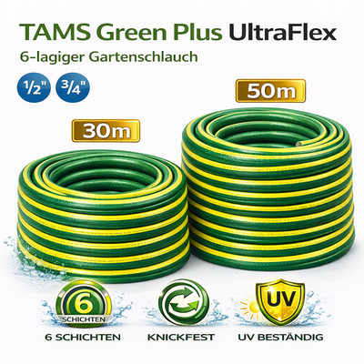 TAMS GreenPlus Gartenschlauch UltraFlex 6-lagig Flex Wasserschlauch 1/2'' 3/4'' 
