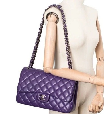 Chanel jumbo classic flap purple silver hardware lambskin leather