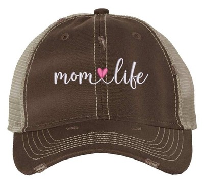 Mom Life Trucker Hat   Distressed Mesh Cap with Pink Heart Embroidery