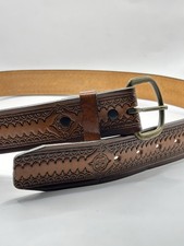 Vintage 90s Tooled Leather Western Belt Size 42 Boho Aztec Design Brass Buckle