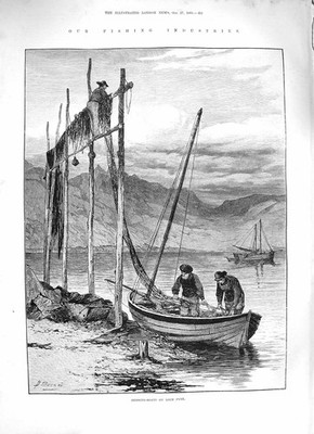Old Antique Print 1883 Fishing Industry Herring-Boats Loch Fyne Scotland 19th