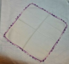 VTG Handkerchief White w Shades of Purple Crochet Lace Edge