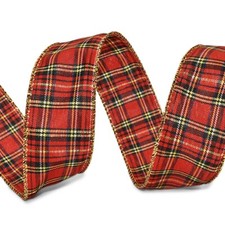 Christmas Red Black Yellow Plaid Wired Ribbon 1.5"W x 10 Yards