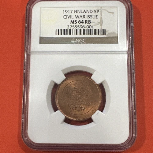 1917 Finland 5 Pennia NGC MS64 RB Coin