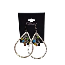 Zad Womens Fish Hook Faux Jeweled Dangle Earrings Textured Silver tone Boho Chic