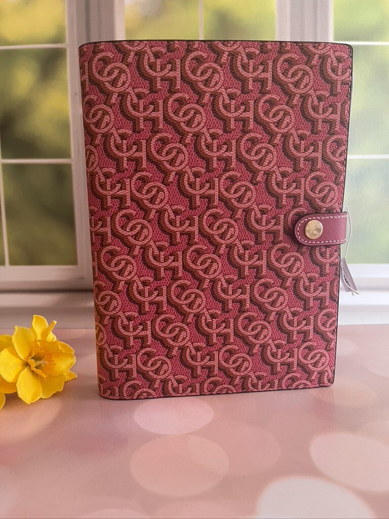 Coach Notebook with Signature Monogram Print Gold Rouge Pink
