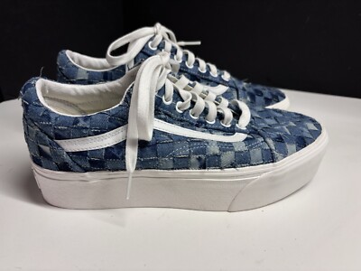 Vans Old Skool Stacked Platform Woven Denim M9 W10.5 Checkerboard WORN ONCE