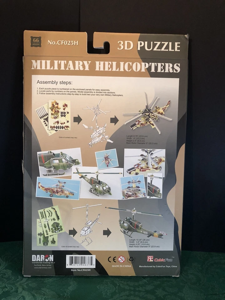 3D Puzzles: 2 Military Helicopters in Pkg. #CF025H Daron Toys Cubicfun NEW - Image 3 of 3