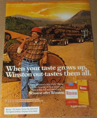1980 print ad -Winston Cigarettes lumberjack guy logs logger Vintage  Advertising