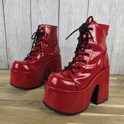 DEMONIA BOOTS CAMEL-203 Goth Punk Gogo 5'' Chunky Heel Platform Red Lace Up Ankle