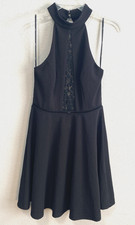 Lulus Fit Flare Skater Dress Black Womens Medium Keyhole High Neck Cocktail