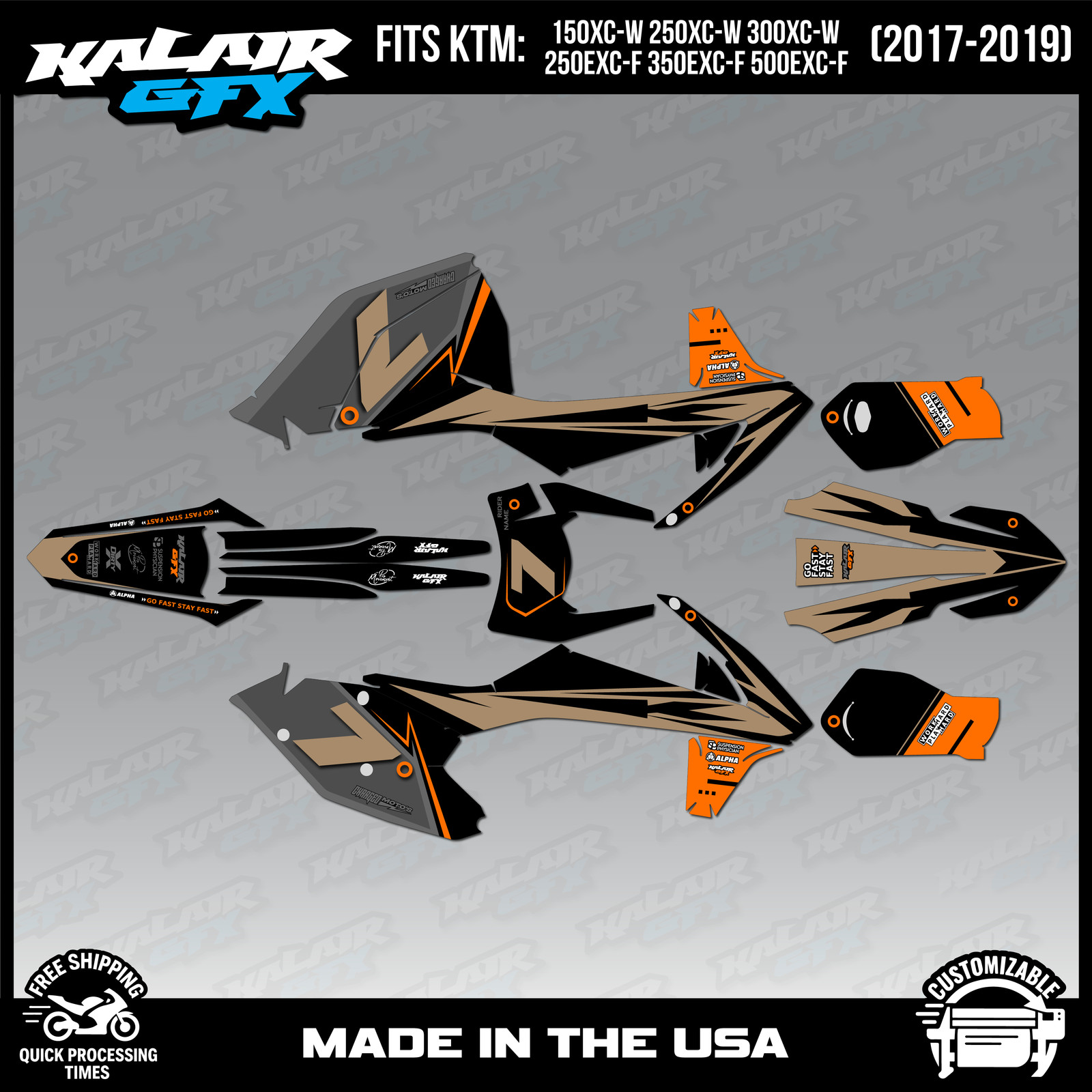 Graphics Kit for KTM 150-300XC-W, 250-500EXC-F (2017-2019) Bolt-TAN
