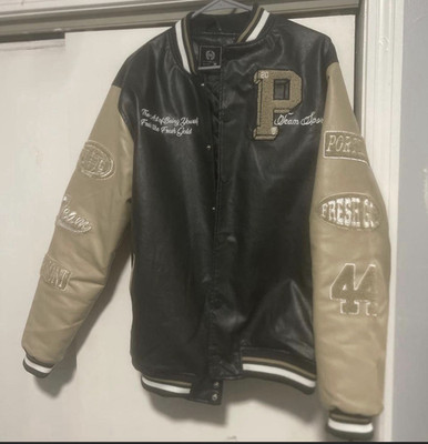 Sean John Men's Varsity Jacket Leather Black/Beige Snap Button Quilted Lining M