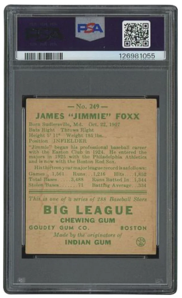 1938 Goudey #249 Jimmy Foxx PSA 3 MUITO BOM ESTADO - Imagem 2 de 2