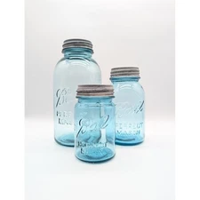 Vintage 3 Set Ball Perfect Mason Jar Blue Glass 1923-1933 Zick Lid 2 Quart Pint