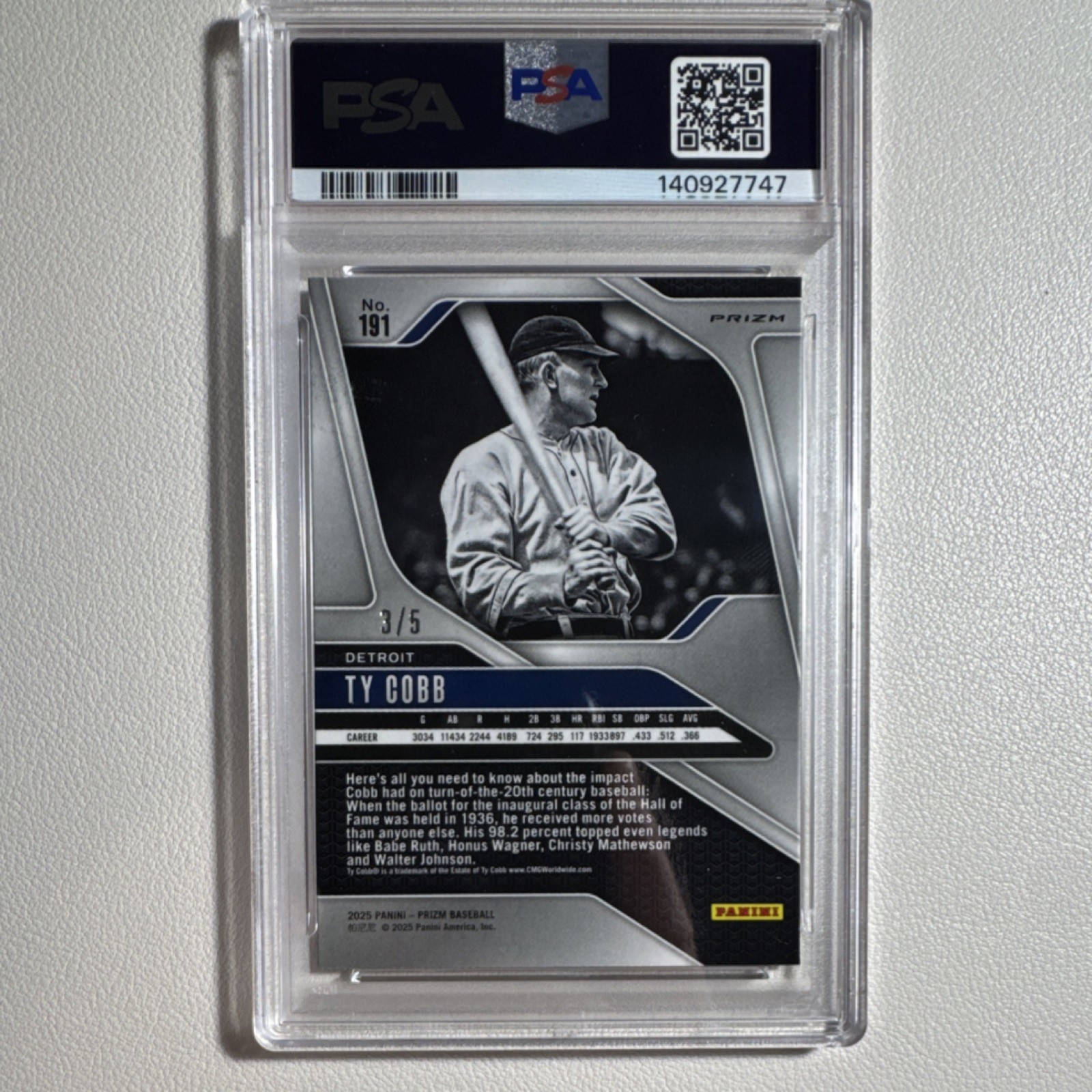 Panini 2025 Prizm Ty Cobb Black Gold Prizm #191 PSA 10 Detroit Tigers /5 view 2