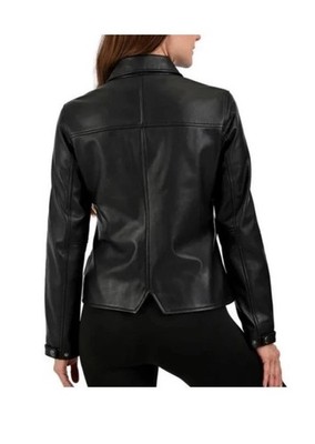 Frye Genuine Leather Jacket Womens Black Snap Front Classic NWT