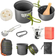 Camping Cookware Set, Portable Mess Kit with Non-Stick 9pcs, Green 