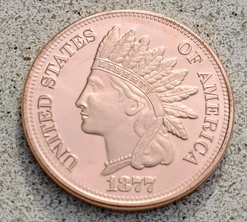 1 OZ 1877 Indian Head Cent Round .999 Copper Bullion Restrike (BU)