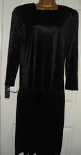 Vintage St Michael Black Velour Velvet Midi Dress UK 14 M&S 90's