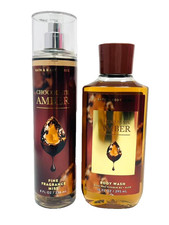 BATH  BODY WORKS 2p. GIFT SET CHOCOLATE AMBER FINE FRAGRANCE MIST BODY WASH NEW