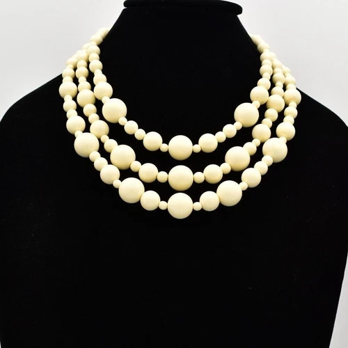 OFF WHITE Collana Monet vintage perline bianco sporco rotonda a strati grossa firmata anni 70 BinA17