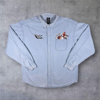 Vintage Warner Bros. Looney Tunes bestickt blau Denim Langarm Hemd XL