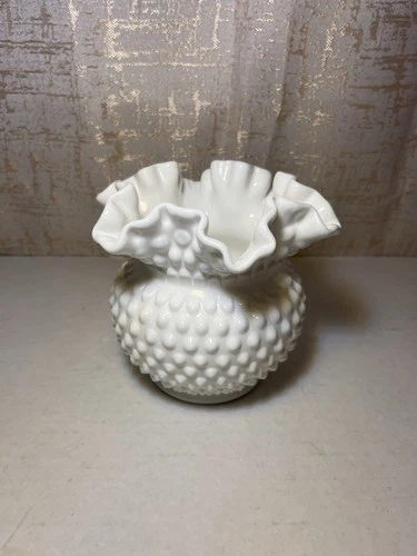 Fenton Hobnail White Milk Glass Ruffled Edge 4.5" Ball Vase Vintage