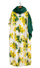 African Kaftan Maxi Dress Womens Yellow Floral Print with Green Scarf Modest Fit