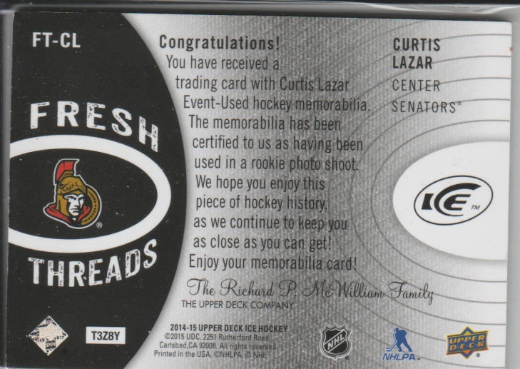Curtis Lazar Edmonton Oilers /5 RC Patch UD Ice Fresh Treads - Image 2 of 2