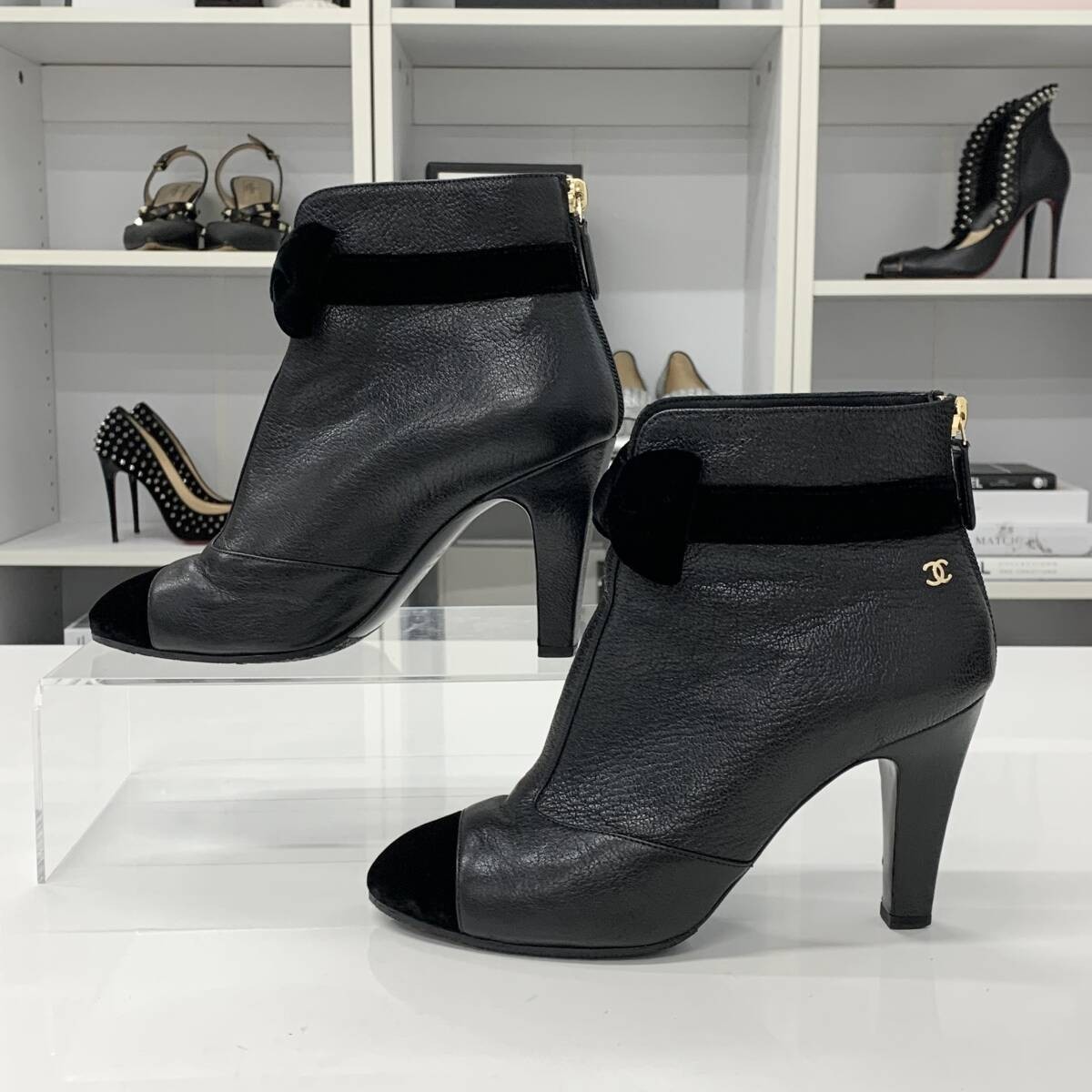 CHANEL Ribbon Leather Velour Heel Boots Shoes Women Size 36.5 COCO MARK Black thumbnail 10