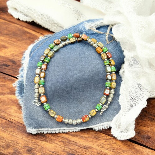 Sterling NAVAJO Pearl Turquoise & Red Creek Jasper Beads Necklace VTG Silver 21" - Picture 3 of 10