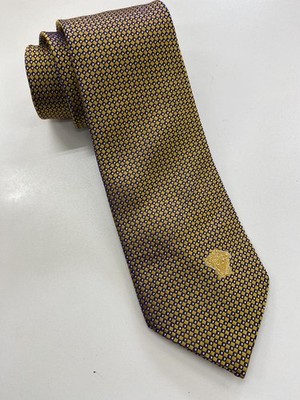 VERSACE Tie Silk 156cm Diamond Pattern Purple Yellow Used Classic Vintage