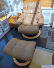 Stressless Beige Leather Swivel High Back Armchair & Footstool Set of 2