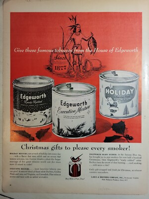 1958 Edgeworth Holiday tobacco tins Christmas gifts to smoker vintage ad