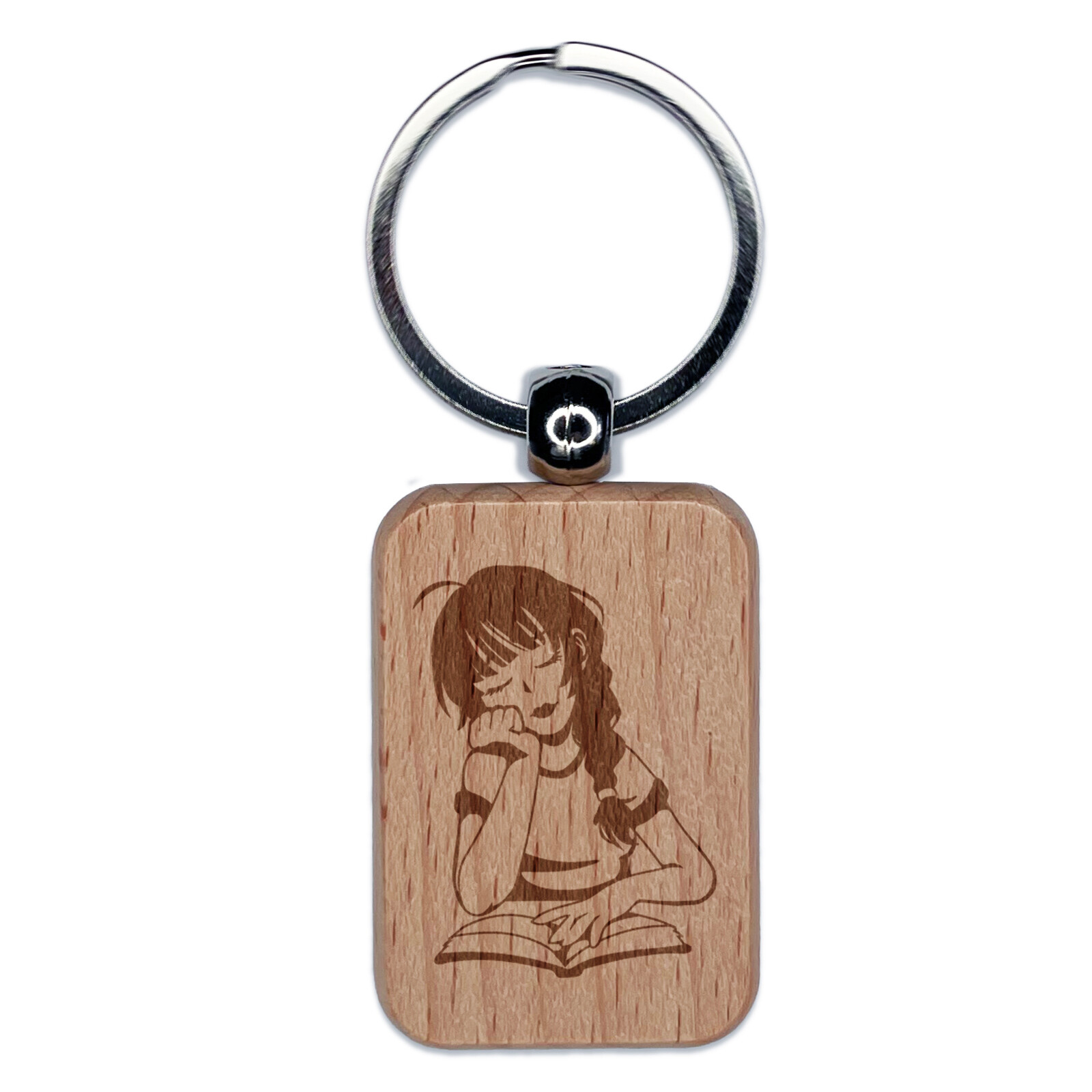 Girl Daydreaming with Book Reading Engraved Wood Rectangle Keychain Tag Charm