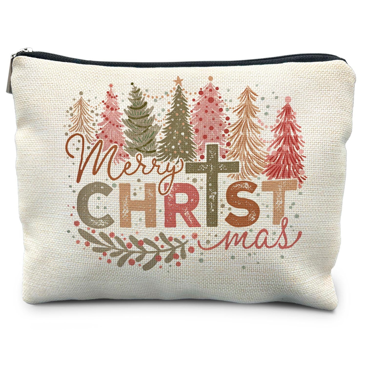 Retro Pink Christmas Trees Cross Makeup Bag for Christian Women Holiday Gift