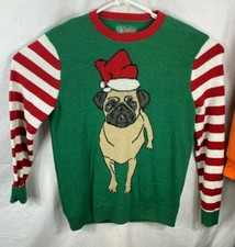 Christmas Ugly Sweater PUG Women XL Long Sleeve Dog Pets Green Party Work Hat