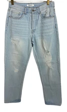Forever 21 High Waist Jeans Sz 26 Button Fly Distressed Torn Straight Light Wash