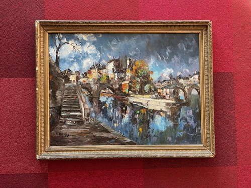 Large Painting Paris Ile Saint-Louis Signed Landscape The Seine HST - Picture 3 of 14