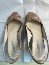 GORGEOUS PRADA NUDE PATENT LEATHER PEEP TOE WEDGE SLING BACK SIZE 38 1/2, US 8